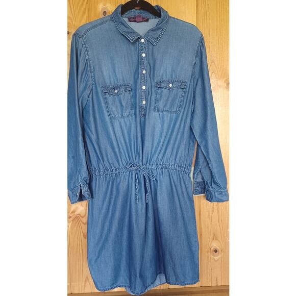 Vintage Chambray Midi Dress Women's Large Roll Tab Sleeves Drawstring Drop Waist - Picture 2 of 8